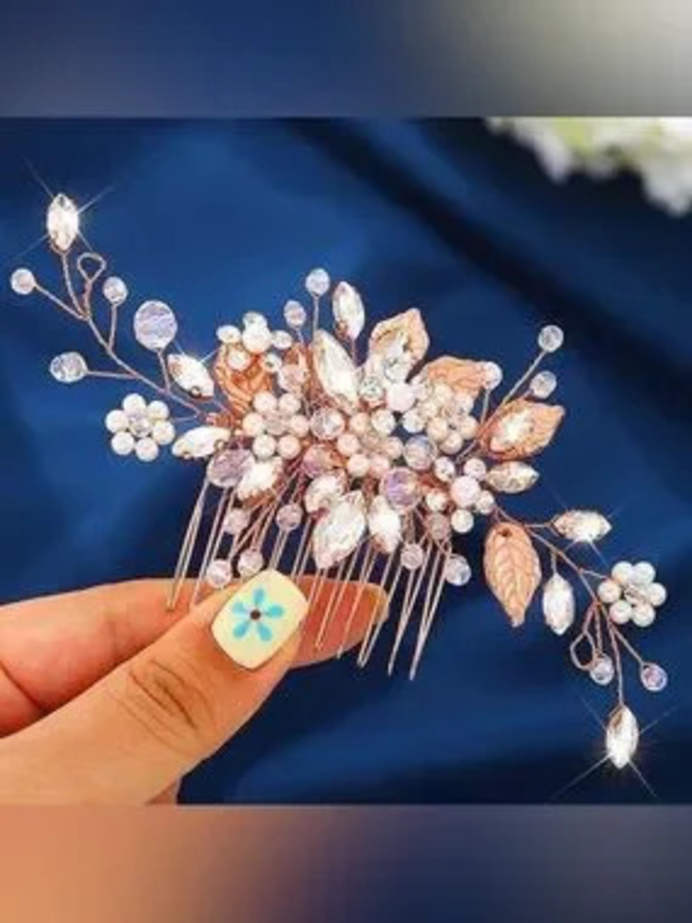 Rose Gold Floral Bridal Hair Comb with Pearls and Crystals